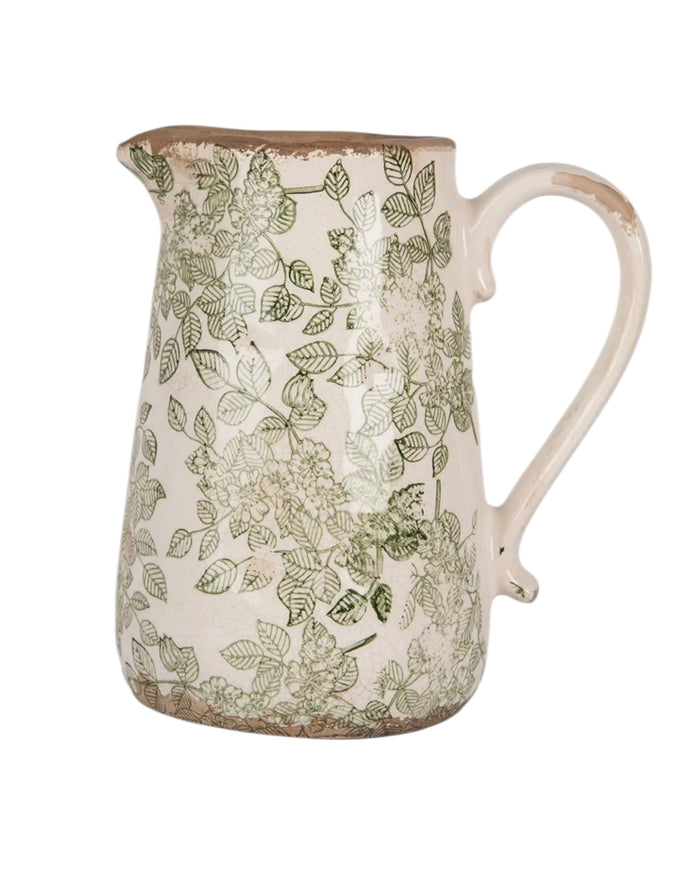 Green and white ceramic flowers jug by Clayre & Eef, showcasing a decorative floral design and classic ceramic craftsmanship.