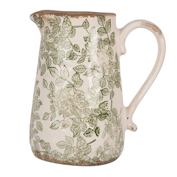 Green and white ceramic flowers jug by Clayre & Eef, showcasing a decorative floral design and classic ceramic craftsmanship.