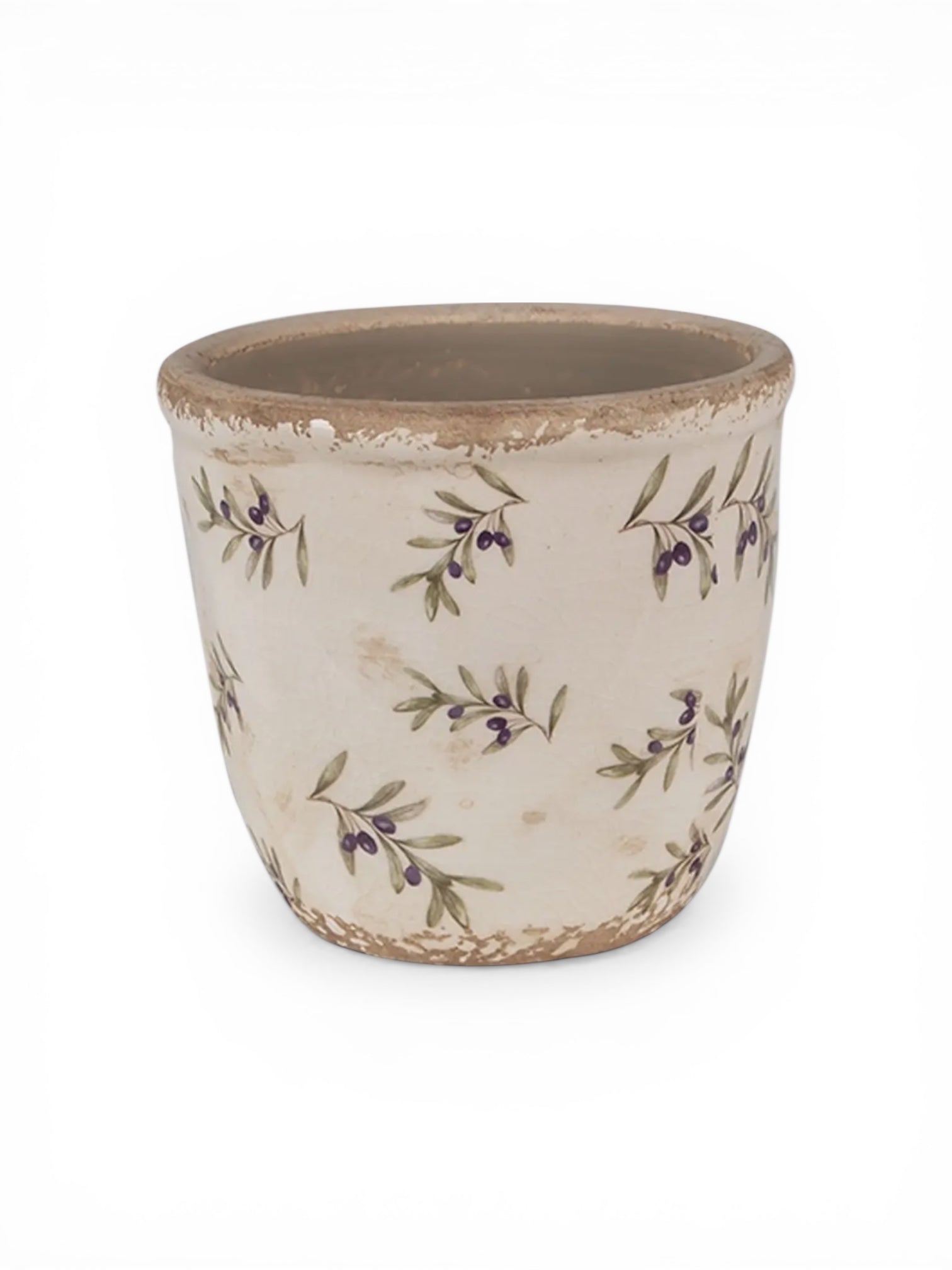 Beige ceramic olives plant pot from Clayre & Eef, extra large home decor planter with olive design for indoor or outdoor use