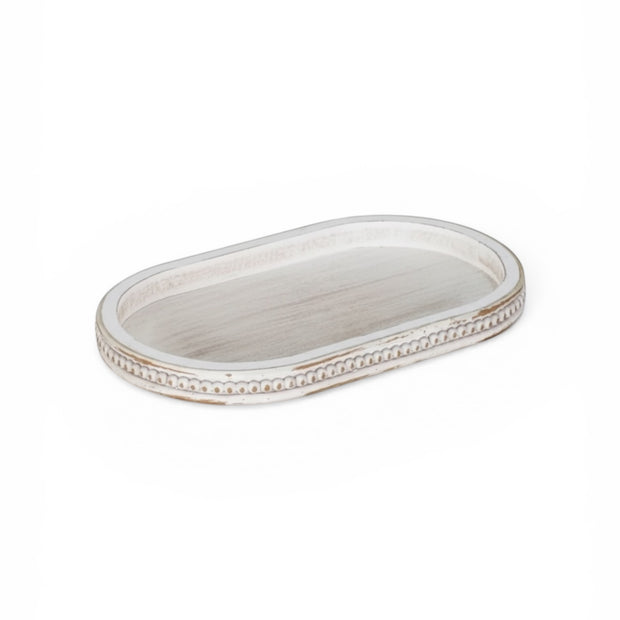 White wood oval beaded tray for home decor by Starlight Express, featuring intricate beaded details and a smooth oval shape.