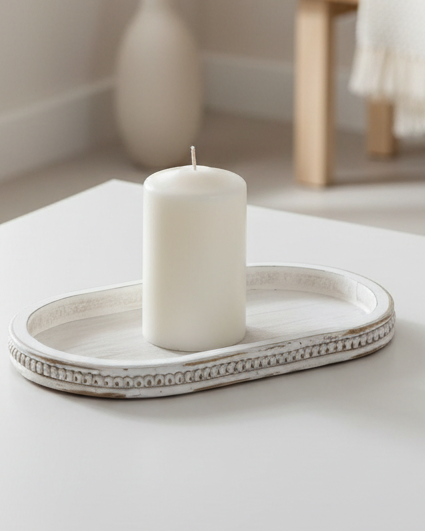White wood oval beaded tray from Starlight Express, ideal for home decor, featuring a classic beaded edge design.