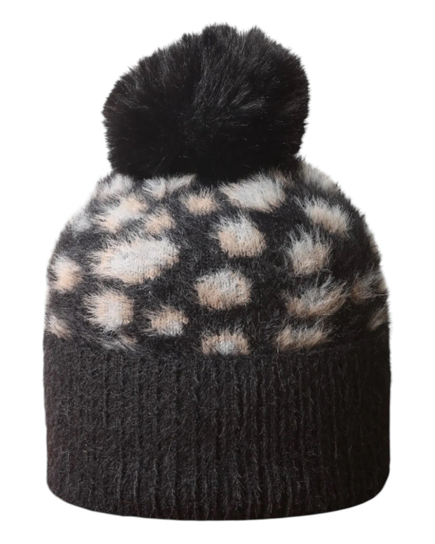 Black Leopard Fluffy Bobble Hat