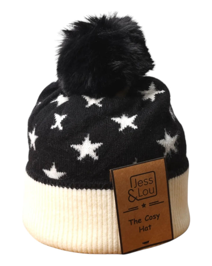 Unisex Star Black Cosy Bobble Hat