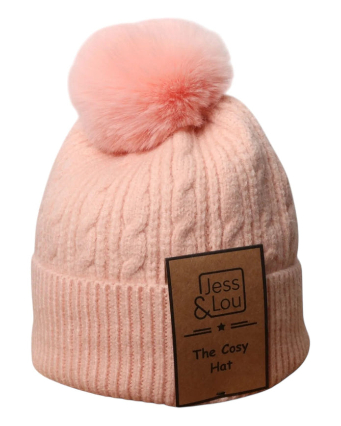Pink Unisex Cable Bobble Hat