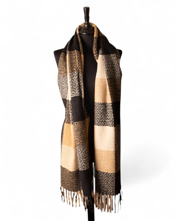 Black, Tan and White Checked Winter Scarf