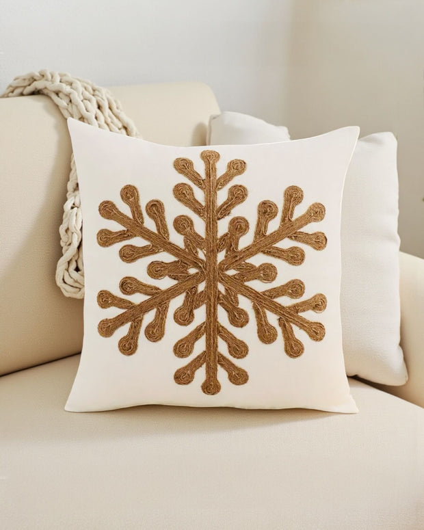 Brown Snowflake Embroidered Cushion Cover