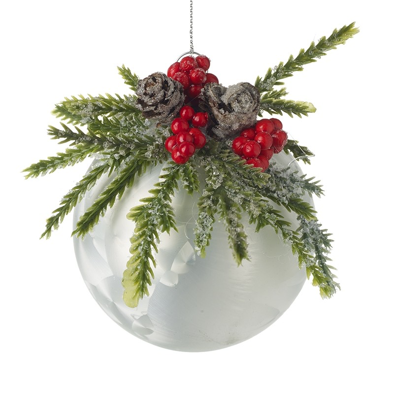 Leaf & Berries Topped White Glass Bauble