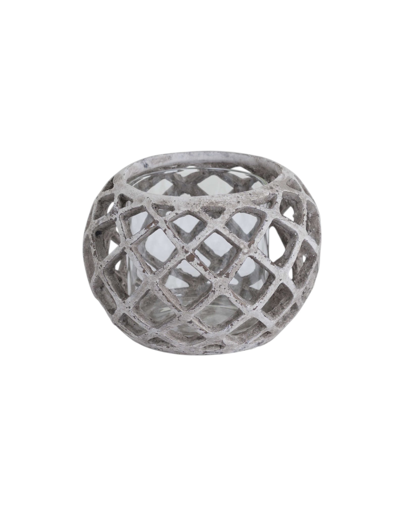 Large round ceramic lattice hurricane lantern for home decor by Hill Interiors, featuring intricate cut-out designs and a candle holder interior.
