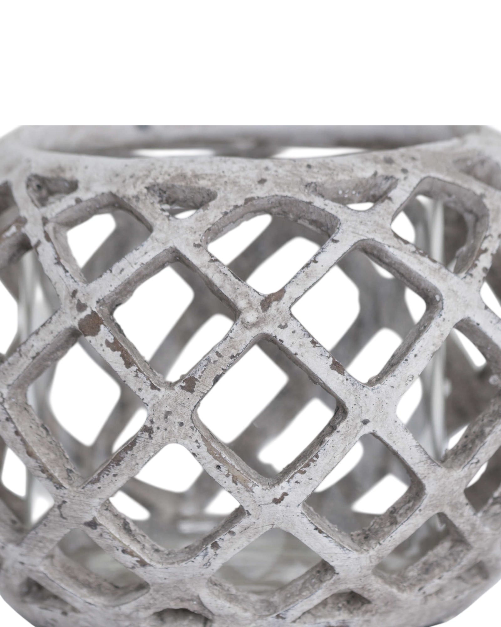 Large round ceramic lattice hurricane lantern, decorative home decor piece with intricate cut-out design.