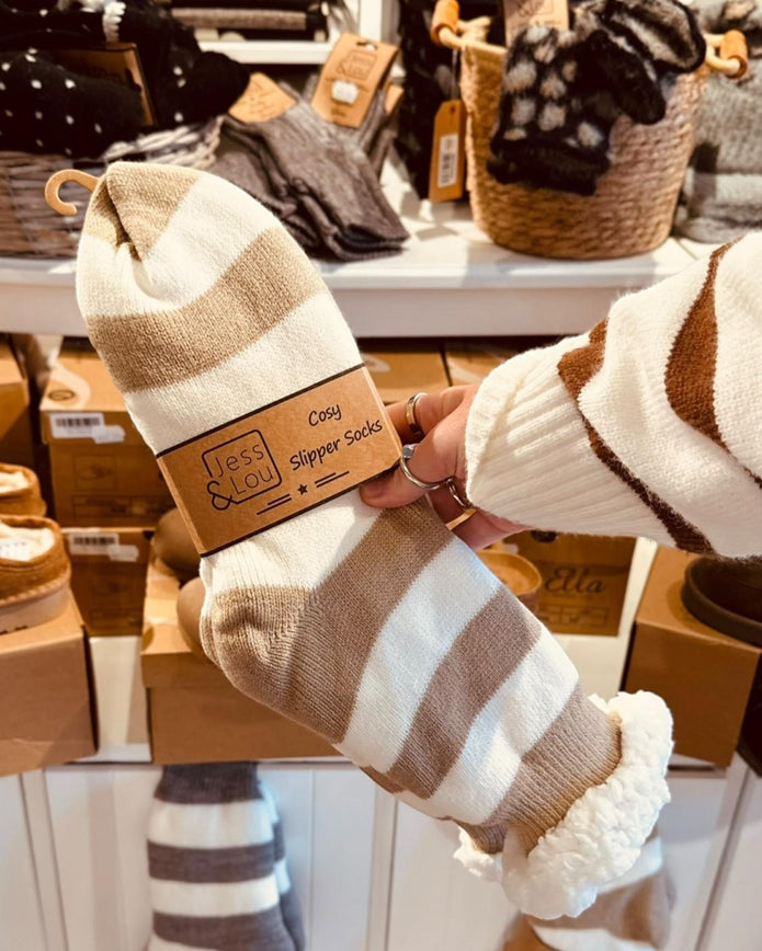 Cosy Slipper Socks - Beige Striped
