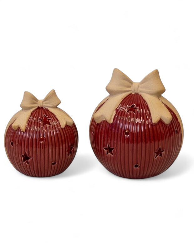 Red Ceramic LED bauble with Bow Detail