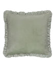 Sage green velvet cushion cover with ruffle detail from Riva Home, soft matte finish, decorative home soft furnishing.