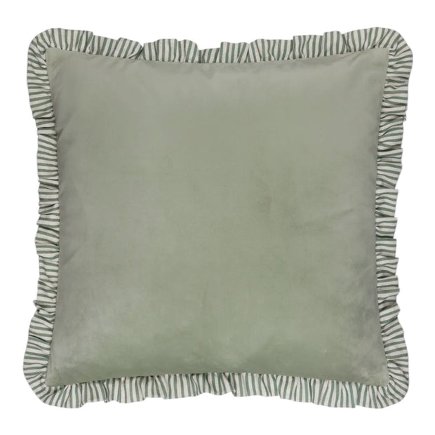 Sage green velvet cushion cover with ruffle detail from Riva Home, soft matte finish, decorative home soft furnishing.