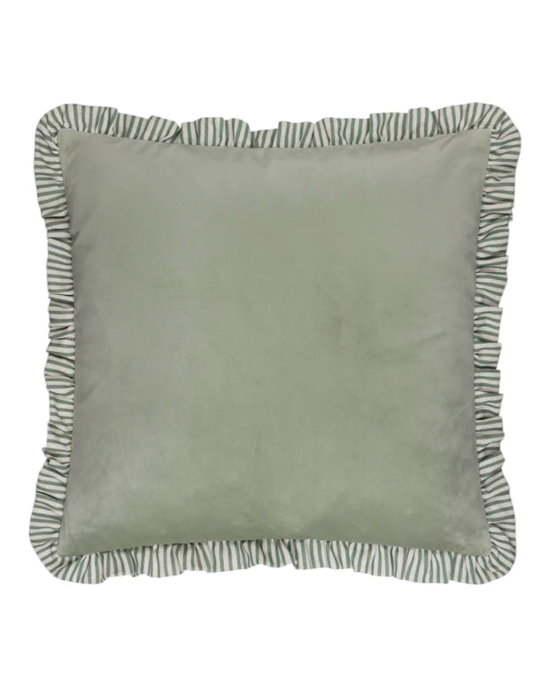 Sage green velvet cushion cover with ruffle detail from Riva Home, soft matte finish, decorative home soft furnishing.
