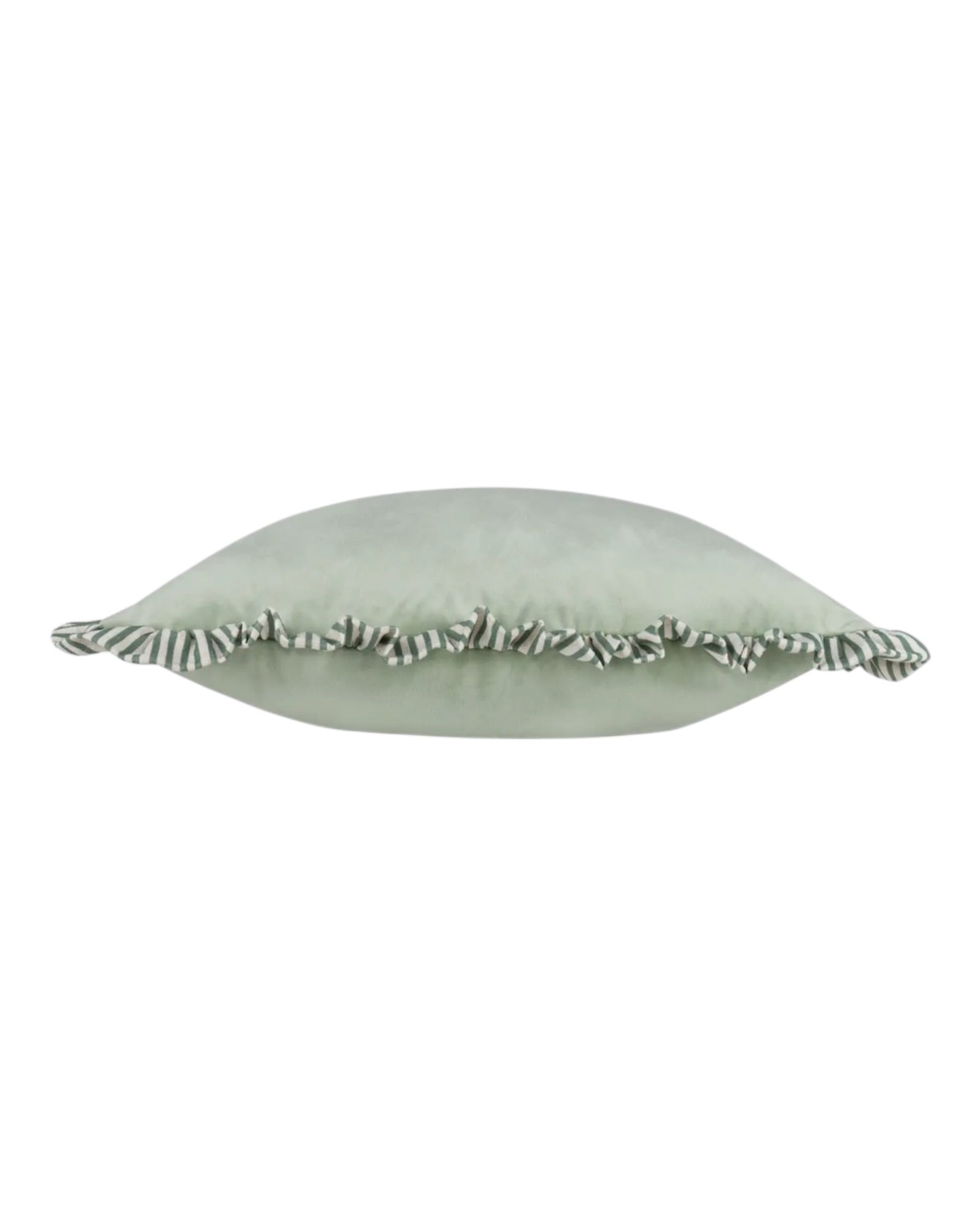 Sage green Ruffle Matte Velvet Cushion Cover by Riva Home showing soft, textured fabric with ruffle detail on the front.