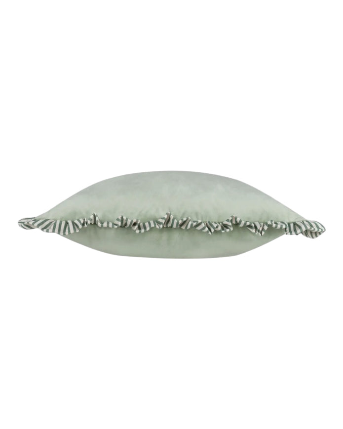 Sage green Ruffle Matte Velvet Cushion Cover by Riva Home showing soft, textured fabric with ruffle detail on the front.