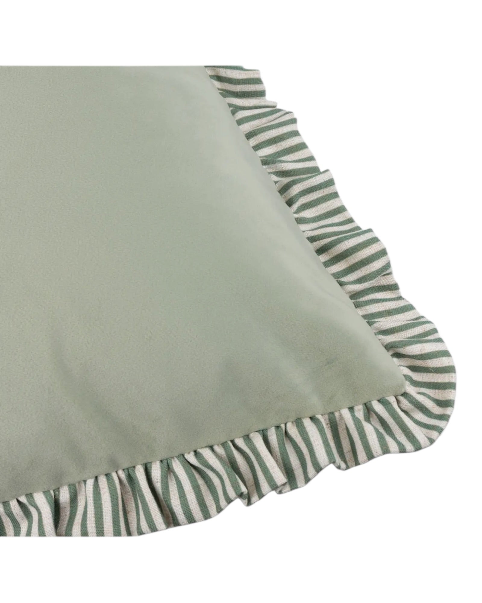 Sage green matte velvet cushion cover with ruffle detail from Riva Home, soft furnishings decor.