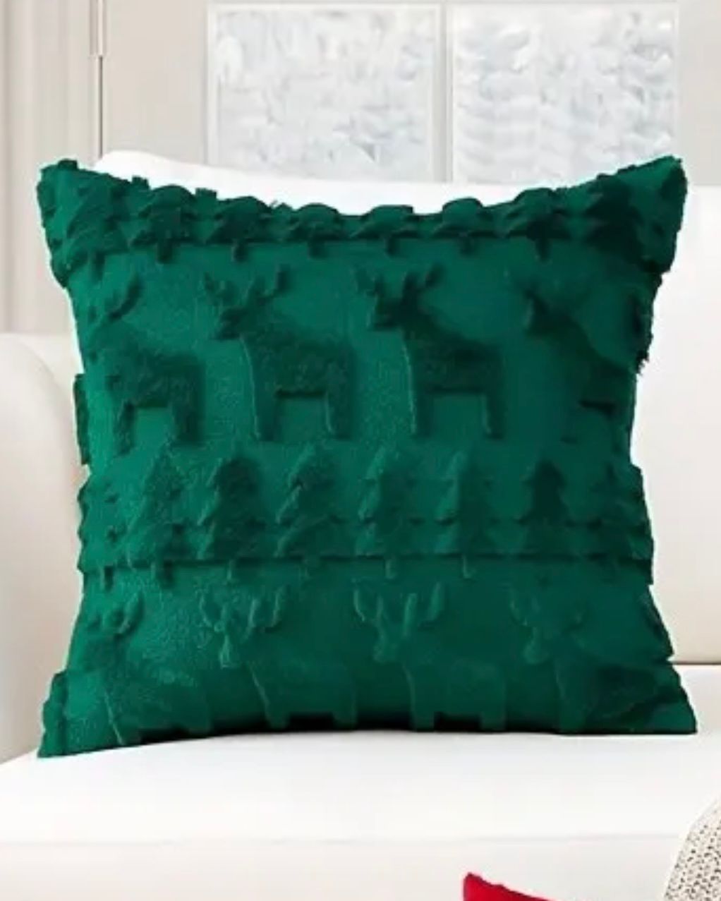 Green Chenile Christmas Tree & Stag Cushion Cover