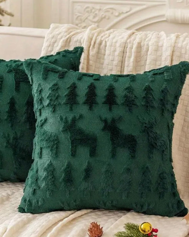 Green Chenile Christmas Tree & Stag Cushion Cover