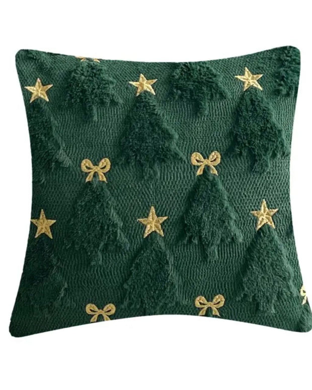 Green Chenile Christmas Tree With Gold Stars & Bows Cushion Cover