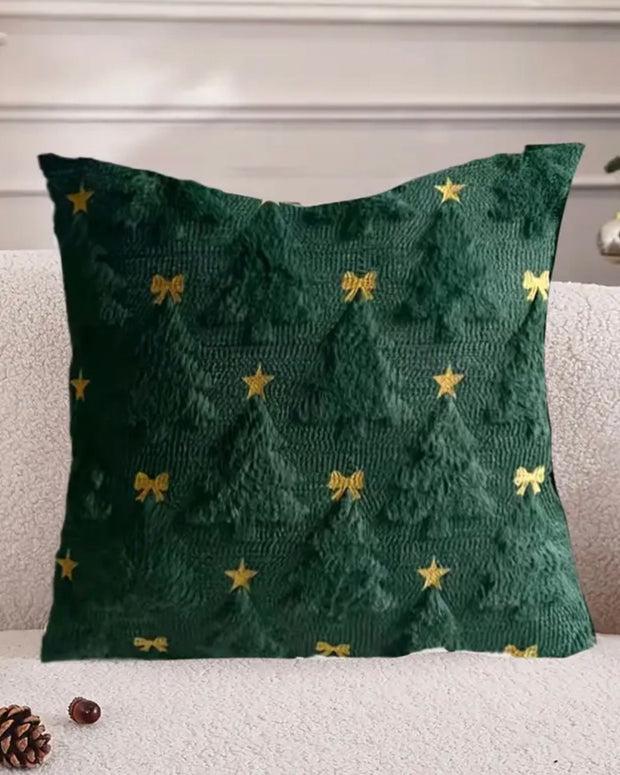 Green Chenile Christmas Tree With Gold Stars & Bows Cushion Cover