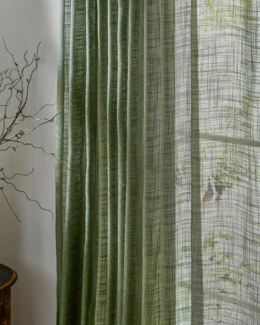 Olive green woven sheer voile curtain panel from Riva Home, soft furnishings for elegant window decor.