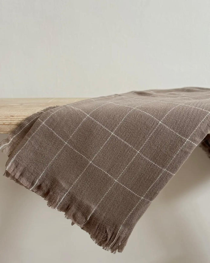 Soft brown checked knit throw blanket by Ellenvale Trade, cozy fine knit soft furnishings for home decor and comfort.