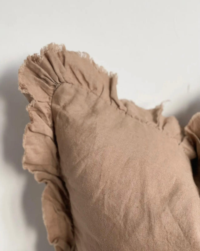 Rust brown square linen blend cushion cover with ruffle accents, soft furnishings by Ellenvale Trade.