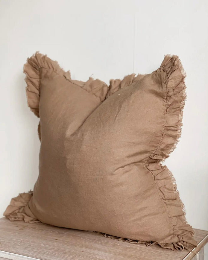 Rust brown square linen blend cushion cover with ruffle detail, soft furnishings by Ellenvale Trade, shown in image IMG-5375