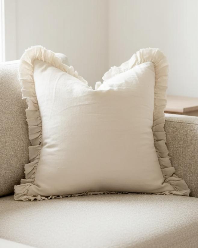 Ellenvale Trade Hallie Cream Neutral Square Linen Cushion Cover with ruffled edges, soft furnishings for elegant home decor.