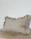 Beige luxury linen cushion cover with ruffled edge, soft furnishings by Ellenvale Trade, showcasing elegant textured fabric.
