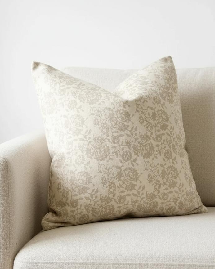 Ellenvale Trade Aria beige square cushion cover with floral print, soft furnishings decorative pillow for sofa or chair.