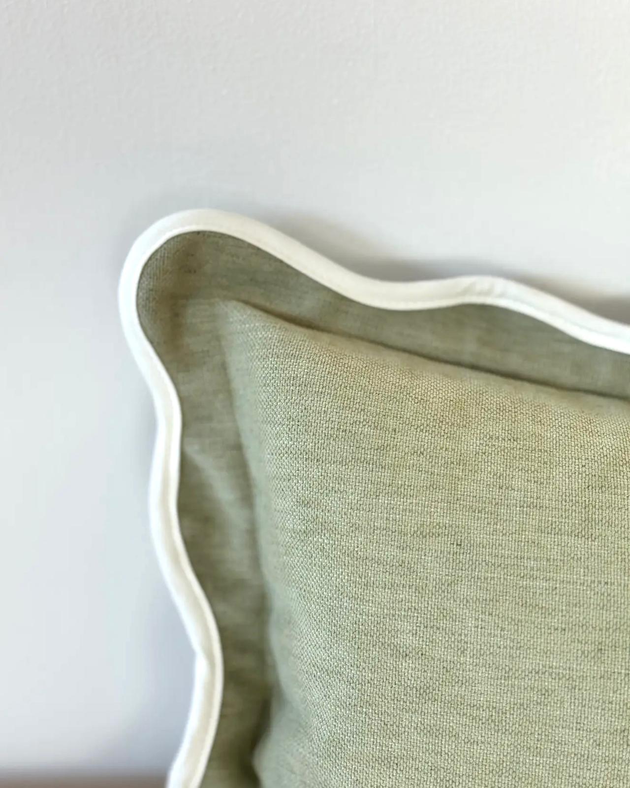 Chloe sage green and cream rectangle scalloped edge cushion cover from Ellenvale Trade, soft furnishings with decorative scalloped trim.