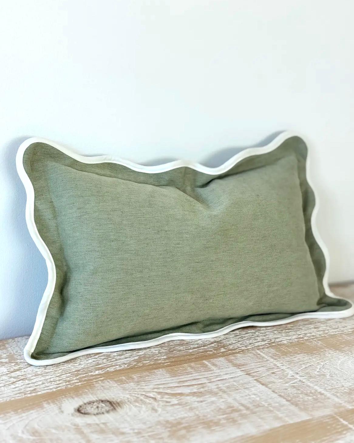 Chloe sage green and cream rectangle cushion cover with scalloped edge, soft furnishings by Ellenvale Trade.