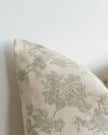 Sage green and white square floral print cotton cushion cover by Ellenvale Trade, showcasing vibrant floral pattern and soft fabric