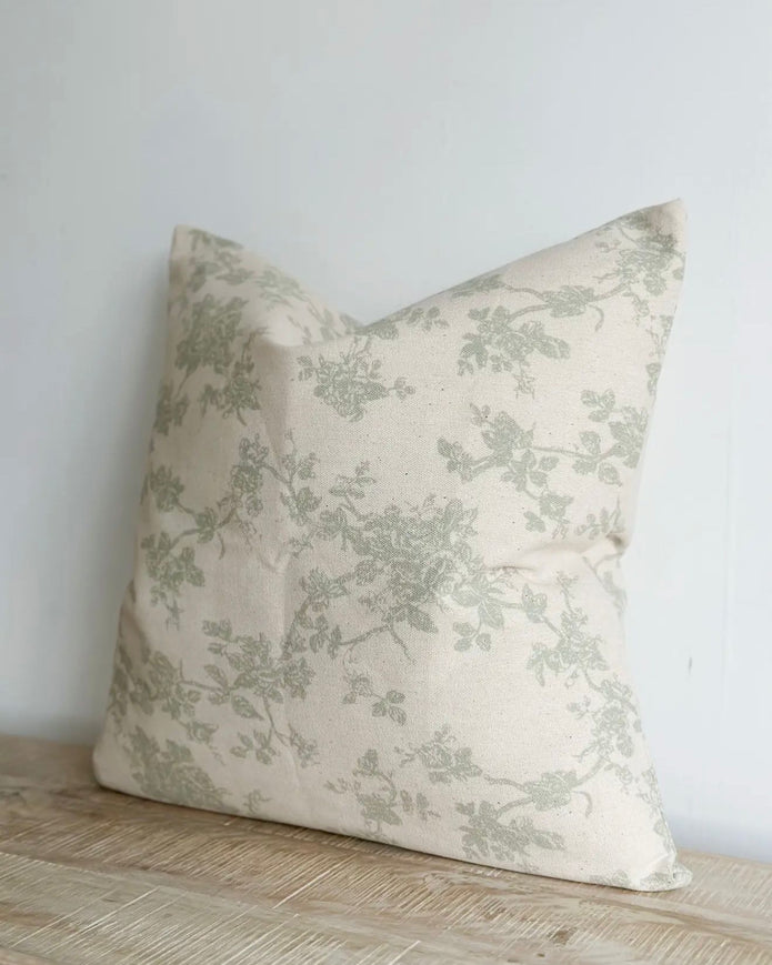 Sage green and white square floral cotton cushion cover from Ellenvale Trade, featuring a soft, decorative floral print.