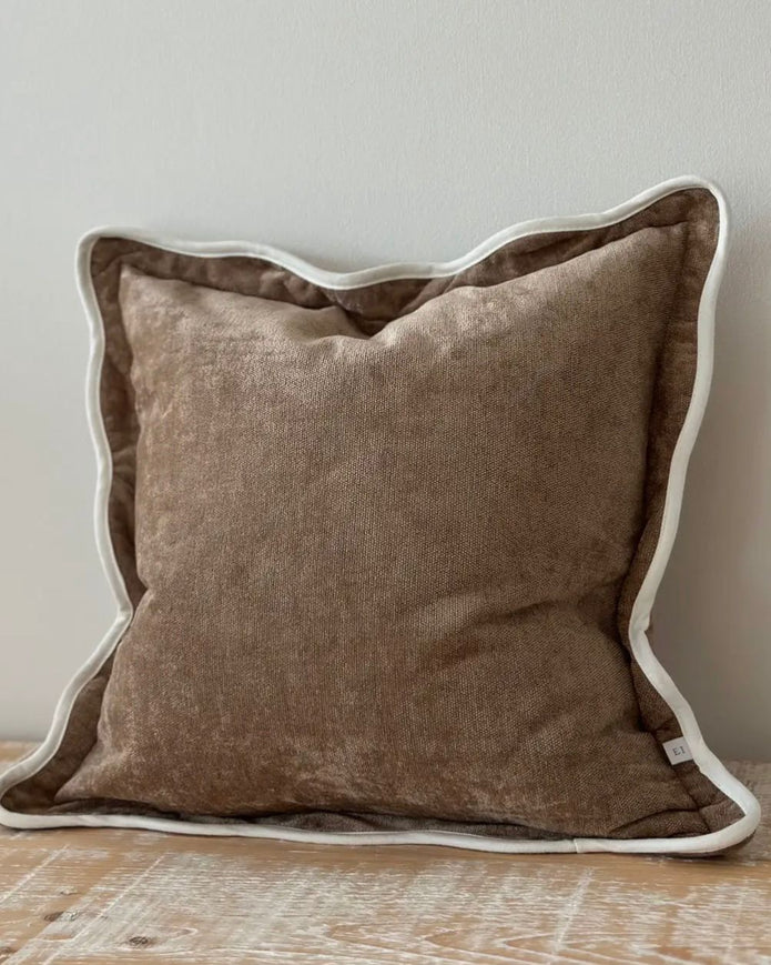 Chloe coffee brown and cream scalloped cushion cover by Ellenvale Trade, soft furnishings with decorative scalloped edges.