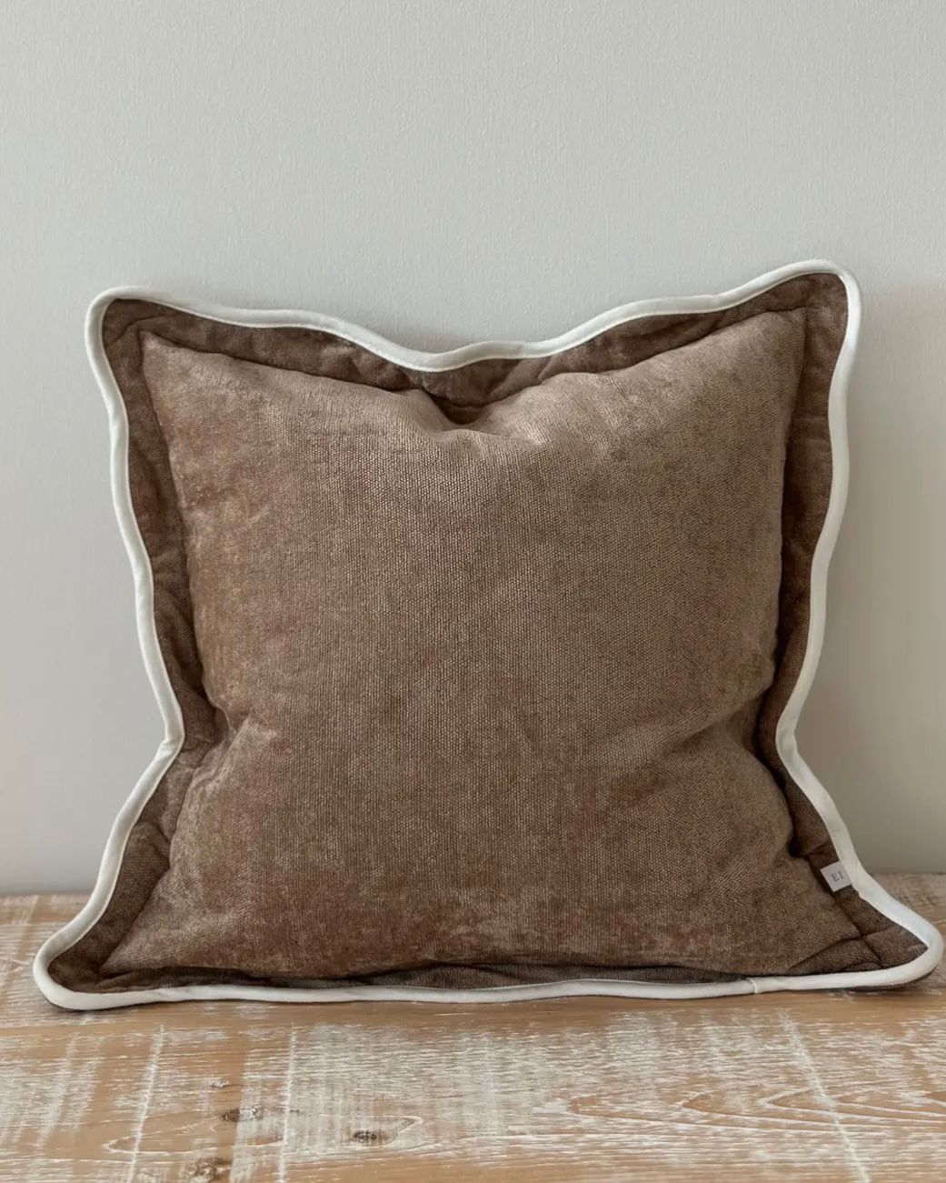 Chloe coffee brown and cream scalloped cushion cover by Ellenvale Trade, soft furnishings with decorative scalloped edges.