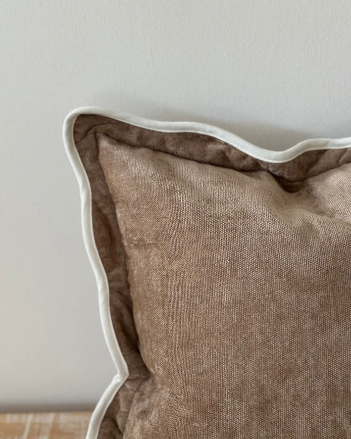 Chloe coffee brown and cream scalloped cushion cover by Ellenvale Trade, soft furnishings with decorative scalloped edges.