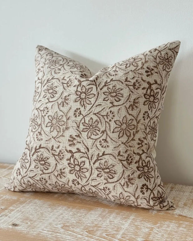 Ivy brown floral print luxury cotton cushion cover from Ellenvale Trade, featuring soft furnishings with a stylish floral design.