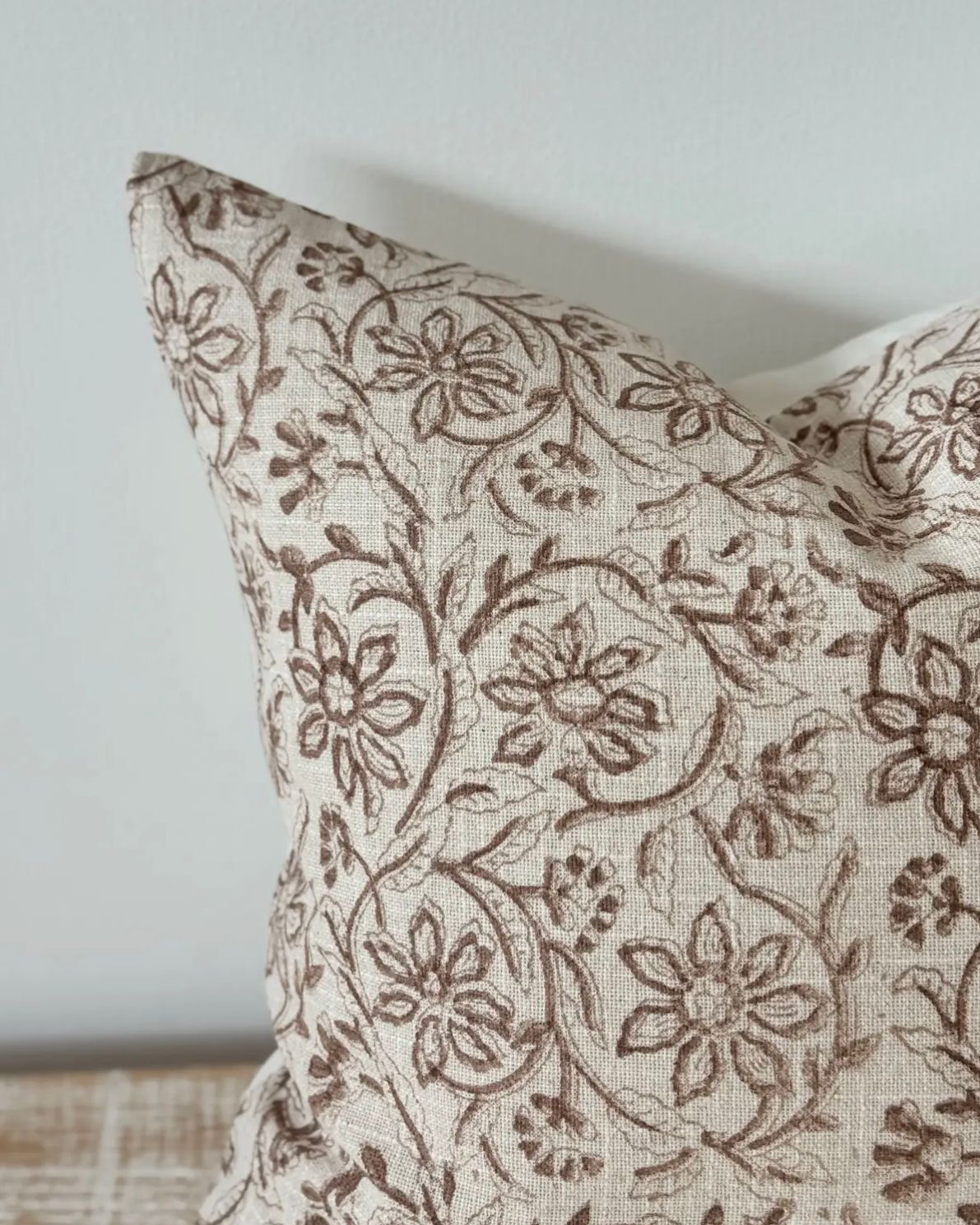 Ivy brown floral print luxury cotton cushion cover from Ellenvale Trade, soft furnishings with elegant floral design.