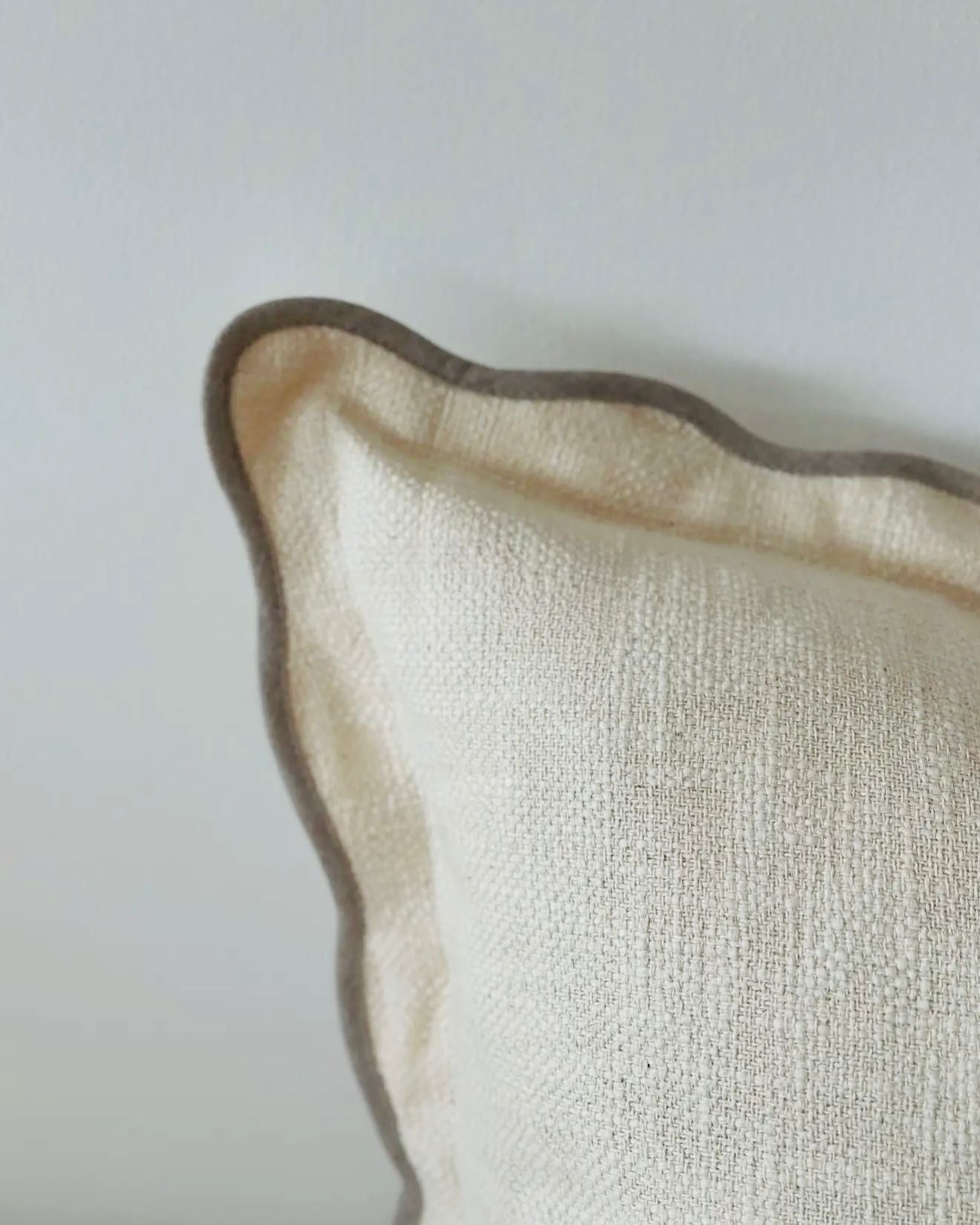 Cream and greige square scalloped cushion cover by Ellenvale Trade, soft furnishings with a stylish scalloped edge design.