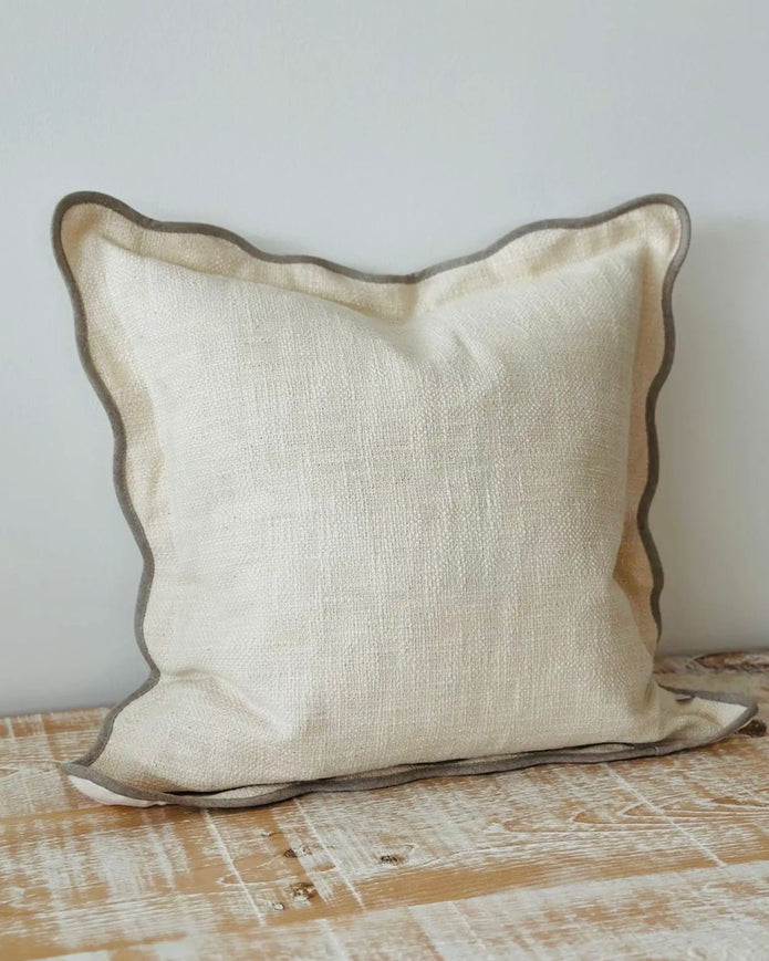Cream and greige square scalloped cushion cover by Ellenvale Trade, soft furnishings with elegant scalloped edges.