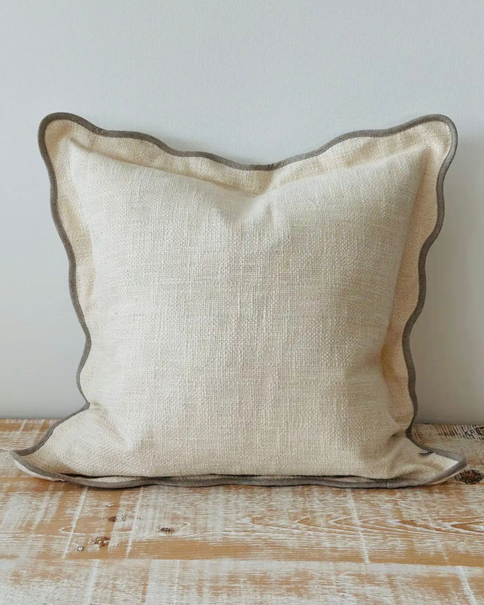 Chloe cream and greige square scalloped cushion cover from Ellenvale Trade, soft furnishings with decorative scalloped edges.