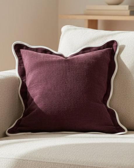 Chloe Burgundy square scalloped cushion cover in plum and cream, soft furnishings by Ellenvale Trade.