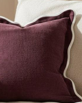 Chloe Burgundy square cushion cover with plum and cream scalloped edges, soft furnishings by Ellenvale Trade.