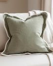 Sage green and cream square cushion cover with scalloped edges, soft furnishings by Ellenvale Trade.