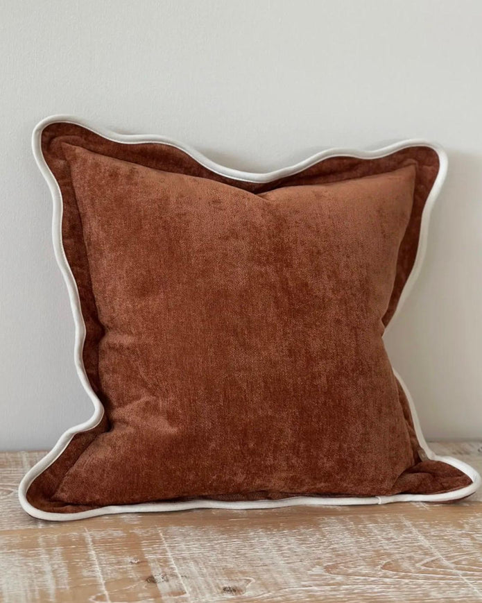 Rust brown and cream scalloped cushion cover by Ellenvale Trade, soft furnishings, featuring elegant scalloped edges.