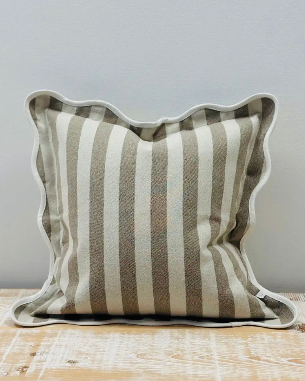 Beige square cushion cover with stripe and scalloped edges, soft furnishings by Ellenvale Trade, image IMG-5533.