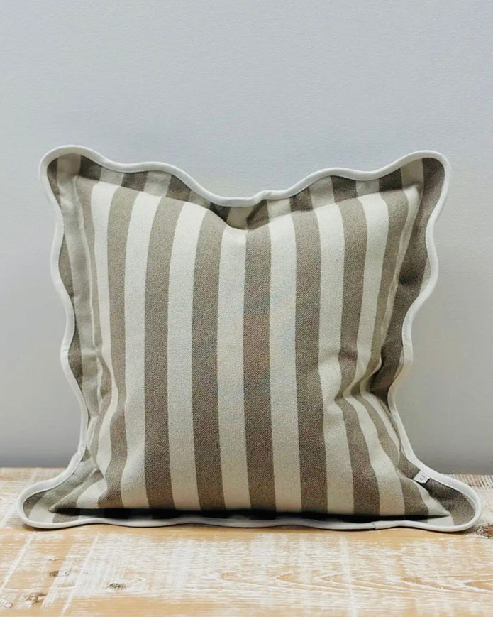 Beige square cushion cover with stripe and scalloped edges, soft furnishings by Ellenvale Trade, image IMG-5533.